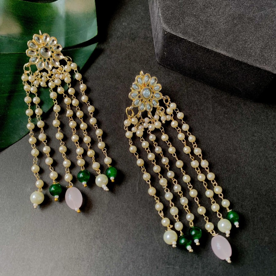 Jewellery I Jewels | Women'S 18K Gold Plated Traditional Handcrafted Pearl Kundan Beaded Earrings - I Jewels Green