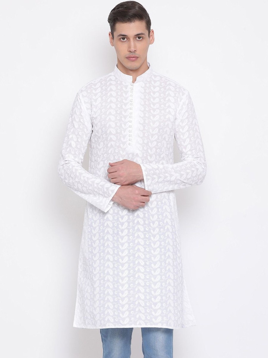 Men Vastramay | Men'S White Pure Cotton Chikankari Kurta - Vastramay