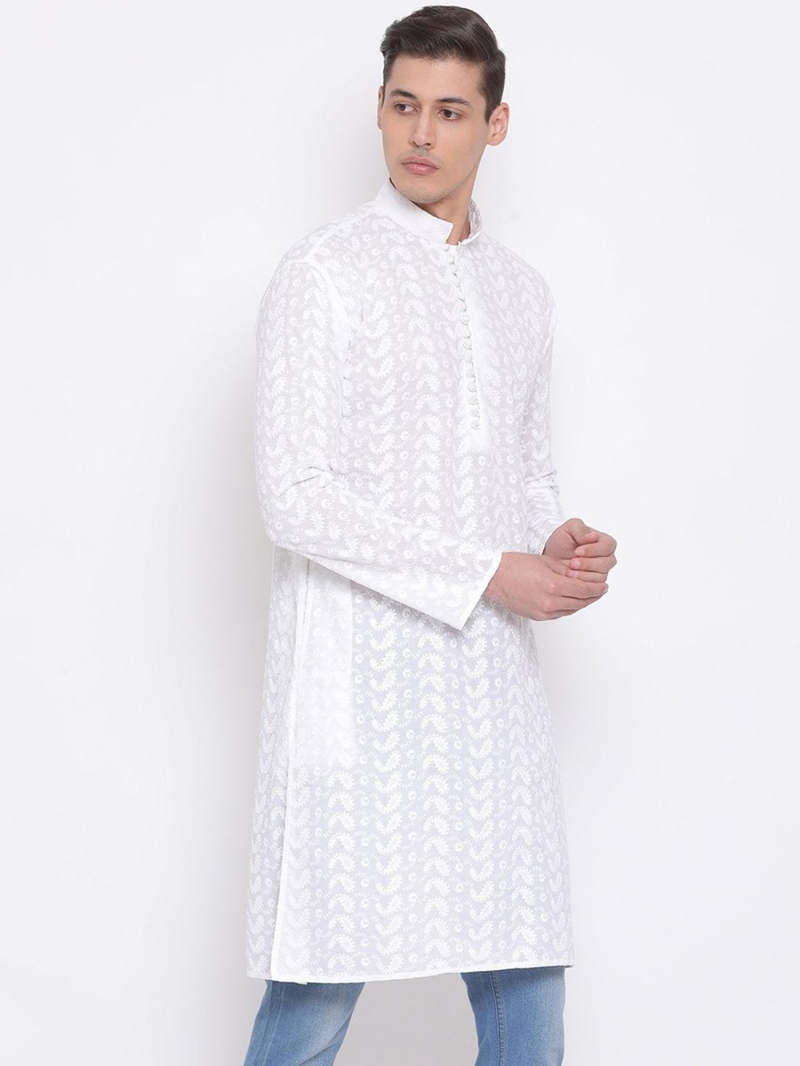 Men Vastramay | Men'S White Pure Cotton Chikankari Kurta - Vastramay