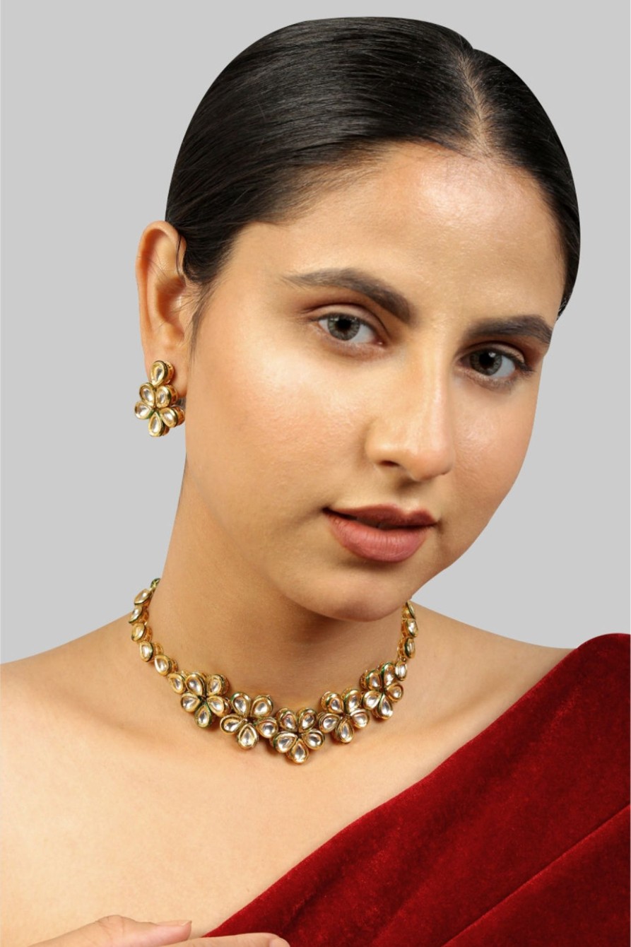 Jewellery Femizen | Women'S Handcrafted Kundan Necklace Set - Femizen Golden