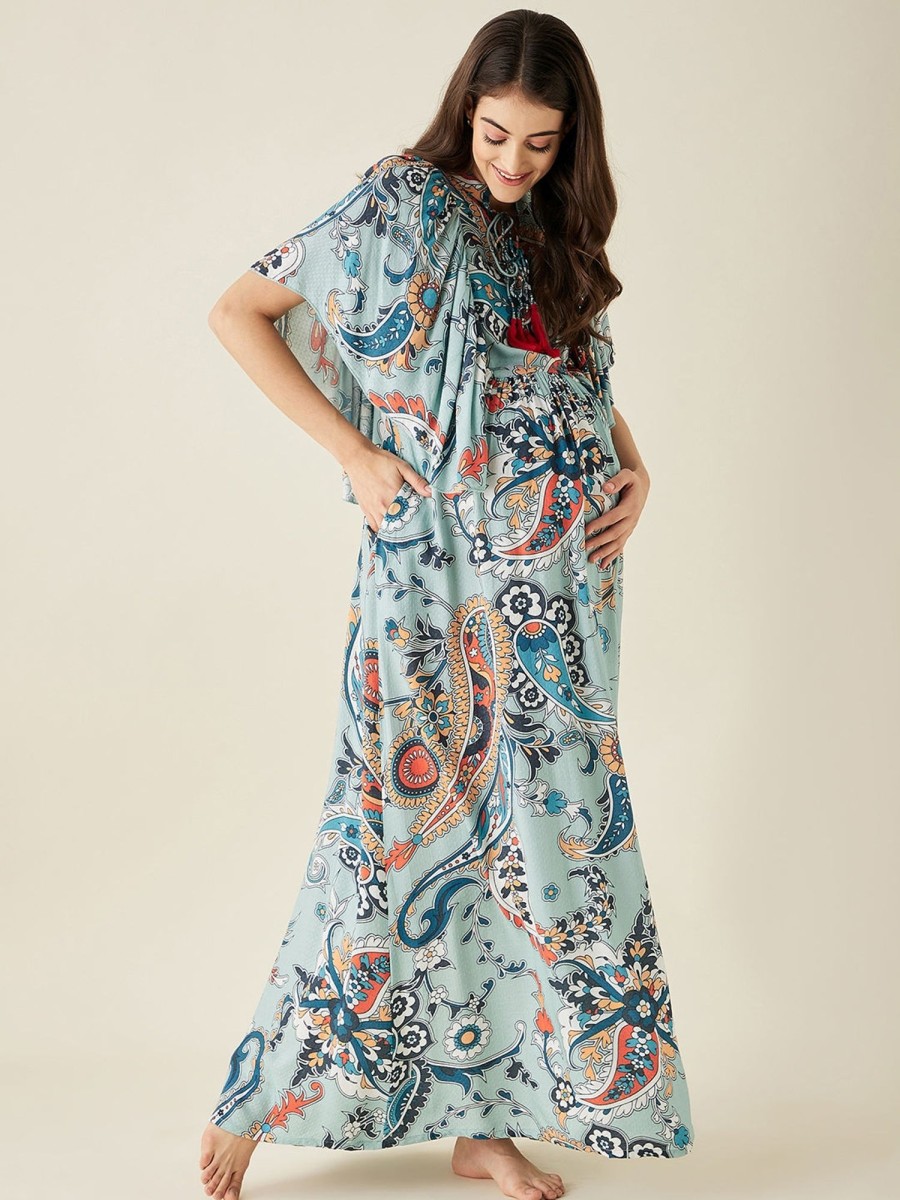 Women The Kaftan Company | Paisley Printed Maternity Lounge Dress - The Kaftan Company Blue