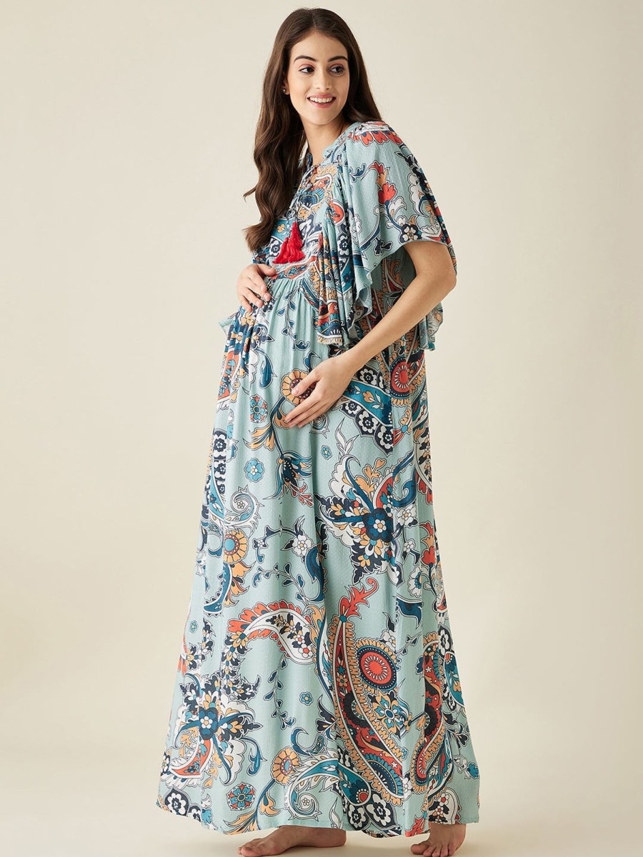 Women The Kaftan Company | Paisley Printed Maternity Lounge Dress - The Kaftan Company Blue