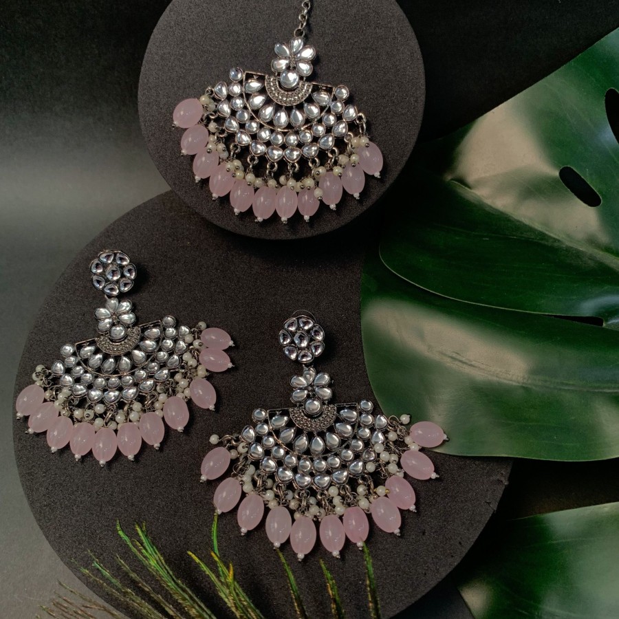 Jewellery I Jewels | Women'S Navratri Ethnic Stylish Silver Oxidised Kundan Pearl Chandbali Earrings With Maang Tikka Set - I Jewels Pink