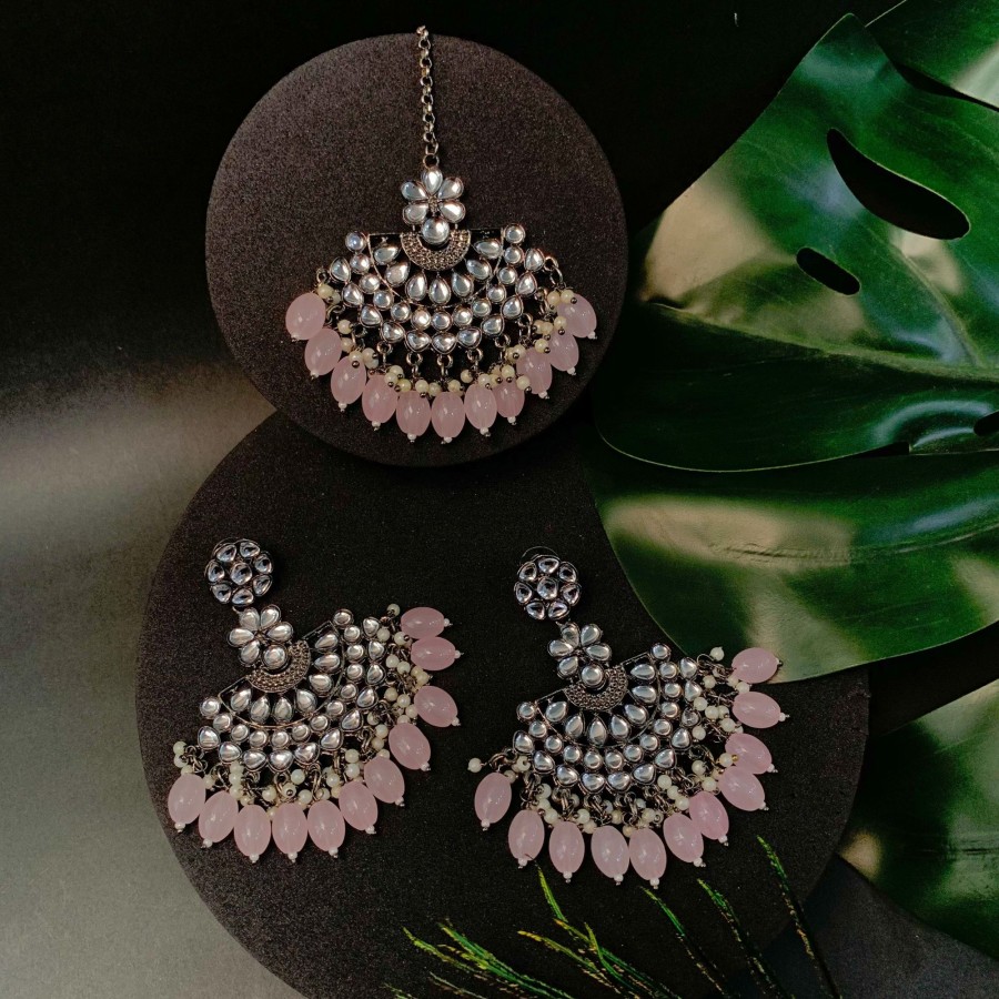 Jewellery I Jewels | Women'S Navratri Ethnic Stylish Silver Oxidised Kundan Pearl Chandbali Earrings With Maang Tikka Set - I Jewels Pink