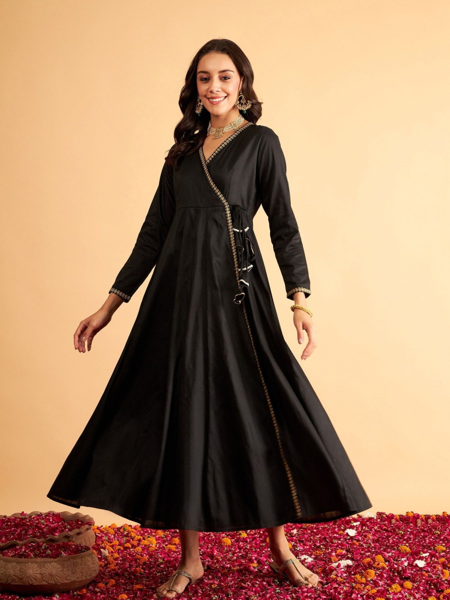 Women Lyush | Women'S Black Angrakha Anarkali Dress With Slip - Lyush