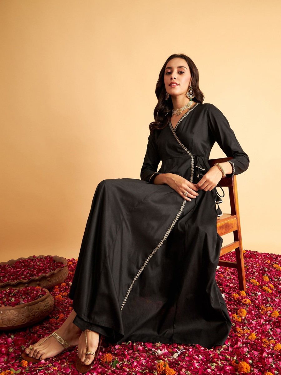 Women Lyush | Women'S Black Angrakha Anarkali Dress With Slip - Lyush