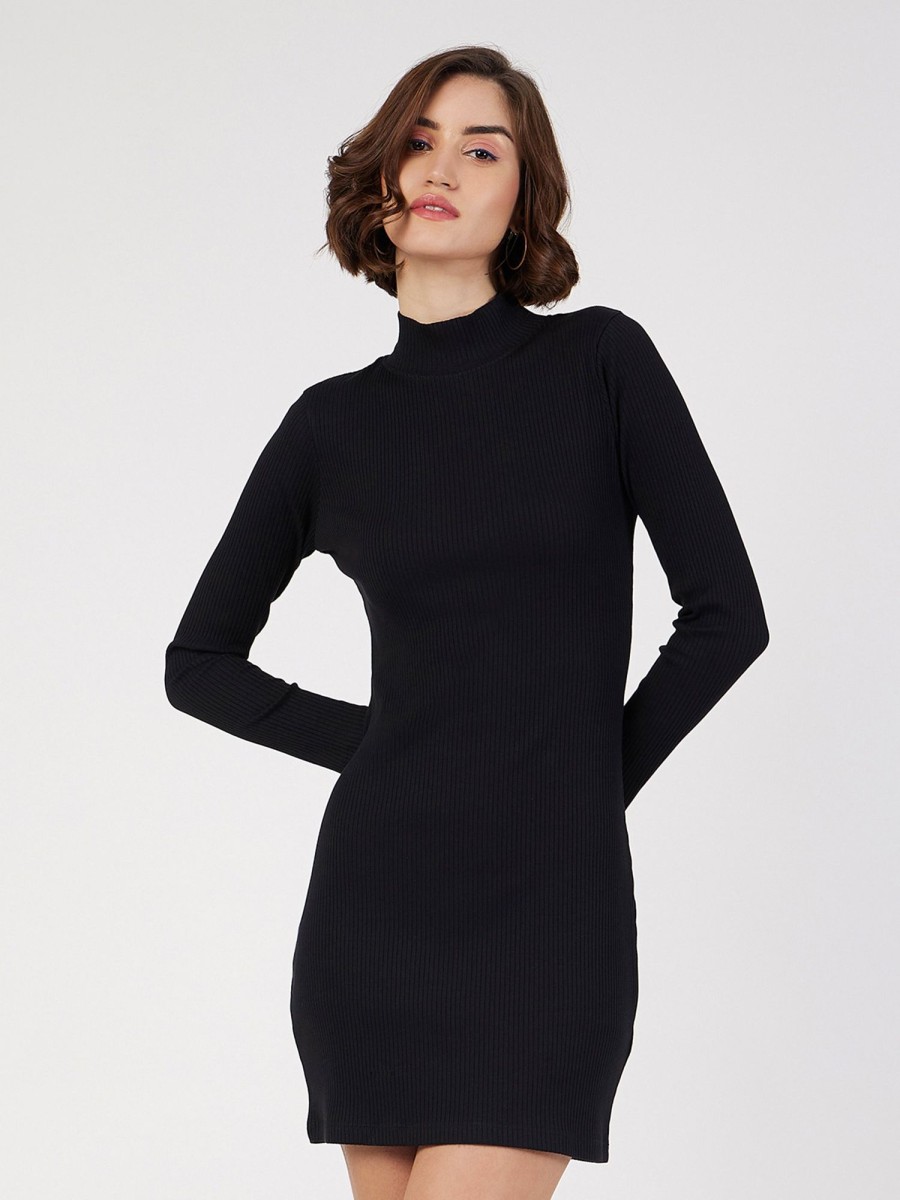 Women Lyush | Women'S Black Rib Turtle Neck Short Dress - Lyush