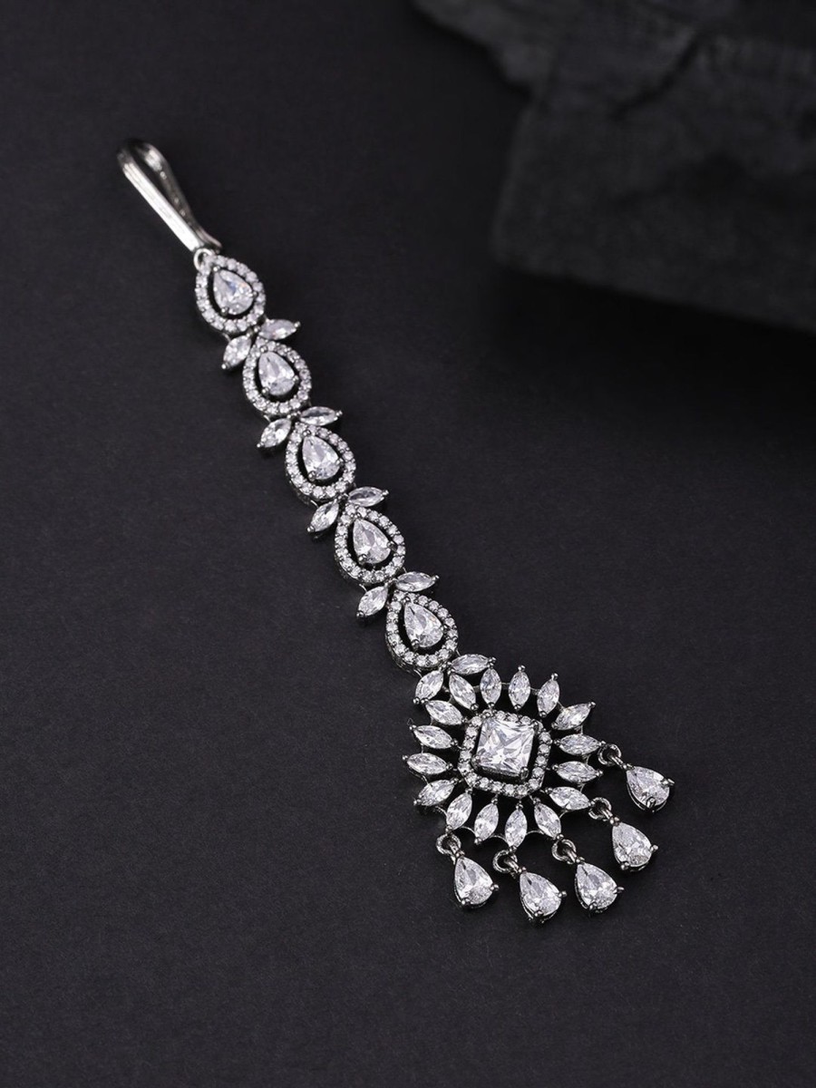 Jewellery Priyaasi | Women'S Oxidised Silver Plated American Diamond Studded Floral Designed Maang Tikka - Priyaasi