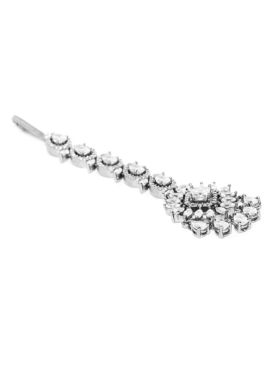 Jewellery Priyaasi | Women'S Oxidised Silver Plated American Diamond Studded Floral Designed Maang Tikka - Priyaasi