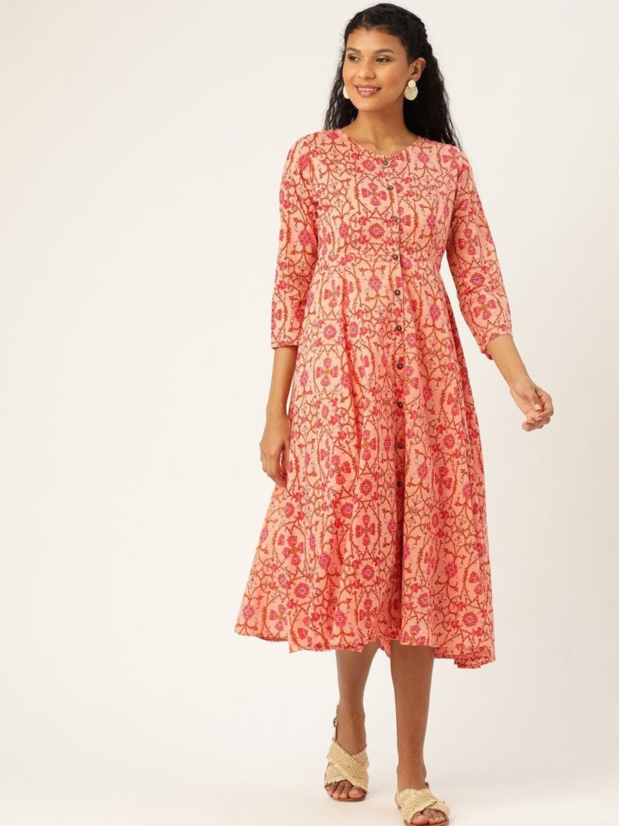 Women Final Clearance Sale | Women'S Peach Floral Front Open Kurta Dress - Final Clearance Sale