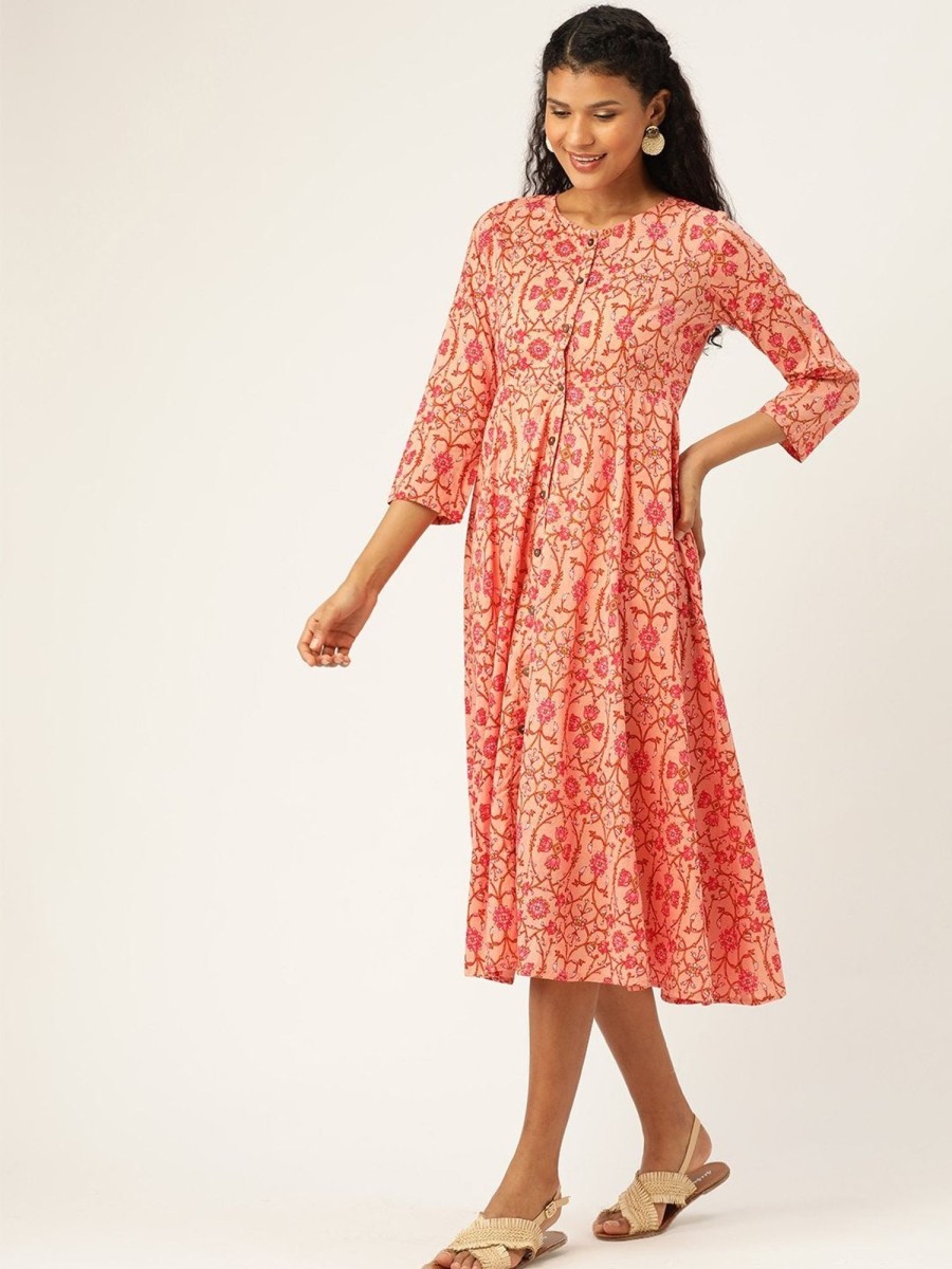 Women Final Clearance Sale | Women'S Peach Floral Front Open Kurta Dress - Final Clearance Sale