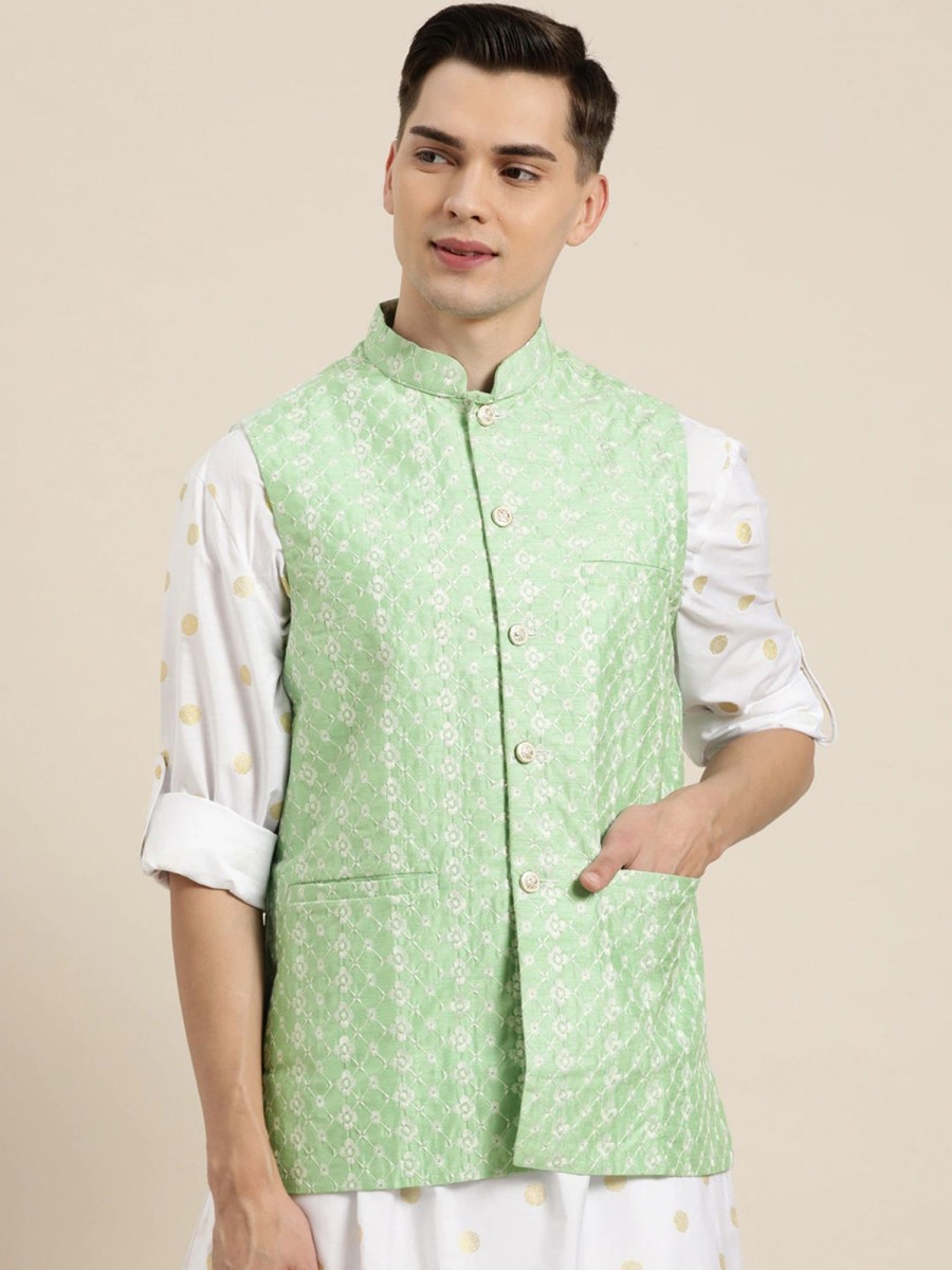 Men Sojanya | Men'S Silk Blend Light Embroidered Only Nehrujacket - Sojanya Green