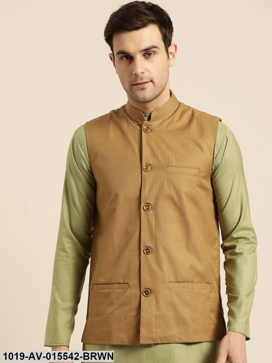 Men Sojanya | Men'S Cotton Blend Brown Solid Nehru Jacket - Sojanya