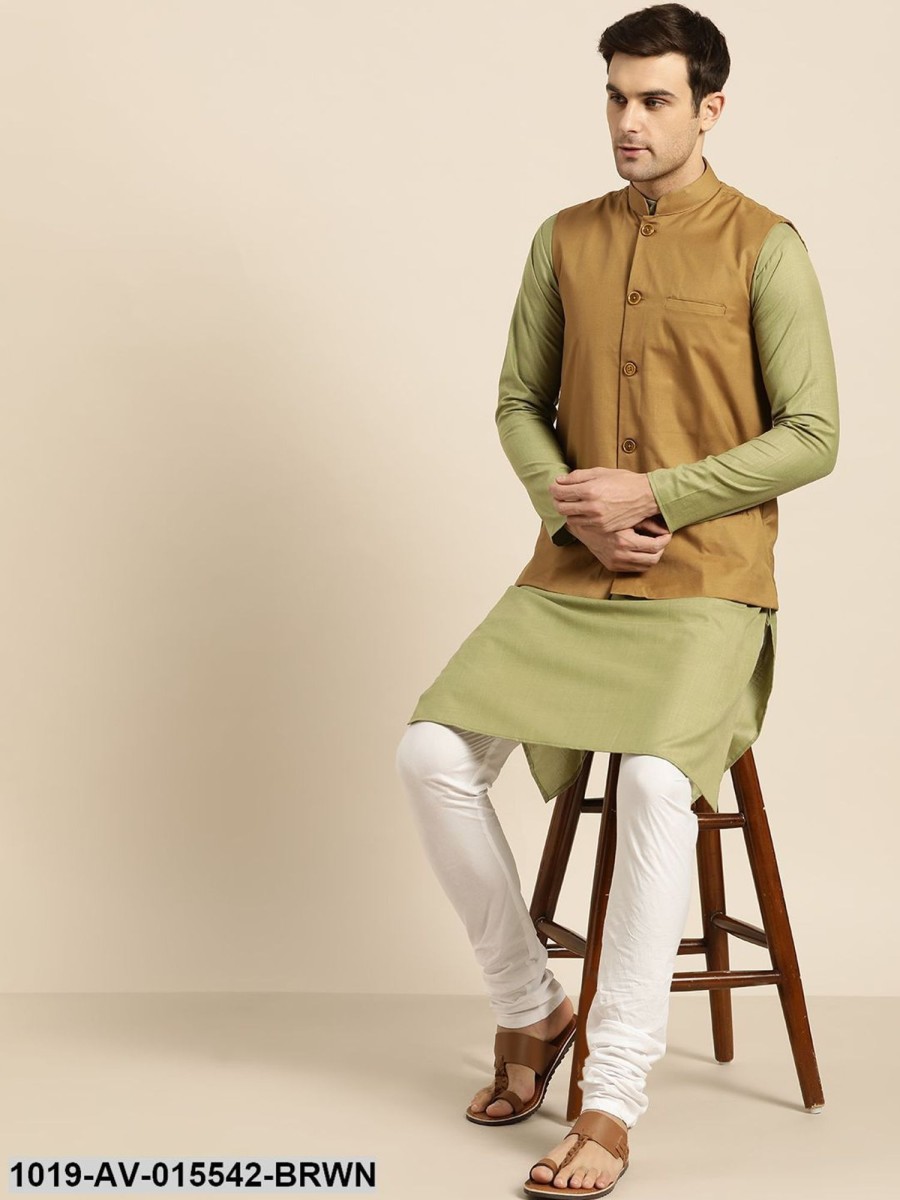 Men Sojanya | Men'S Cotton Blend Brown Solid Nehru Jacket - Sojanya