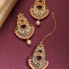 Jewellery Priyaasi | Women'S Gold-Plated Peach Color Stone Studded Floral Maang Tikka With Drop Earrings Set - Priyaasi