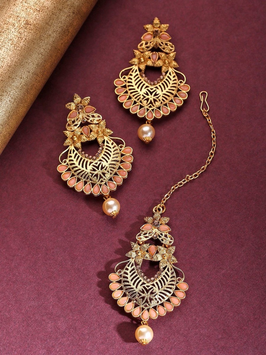 Jewellery Priyaasi | Women'S Gold-Plated Peach Color Stone Studded Floral Maang Tikka With Drop Earrings Set - Priyaasi