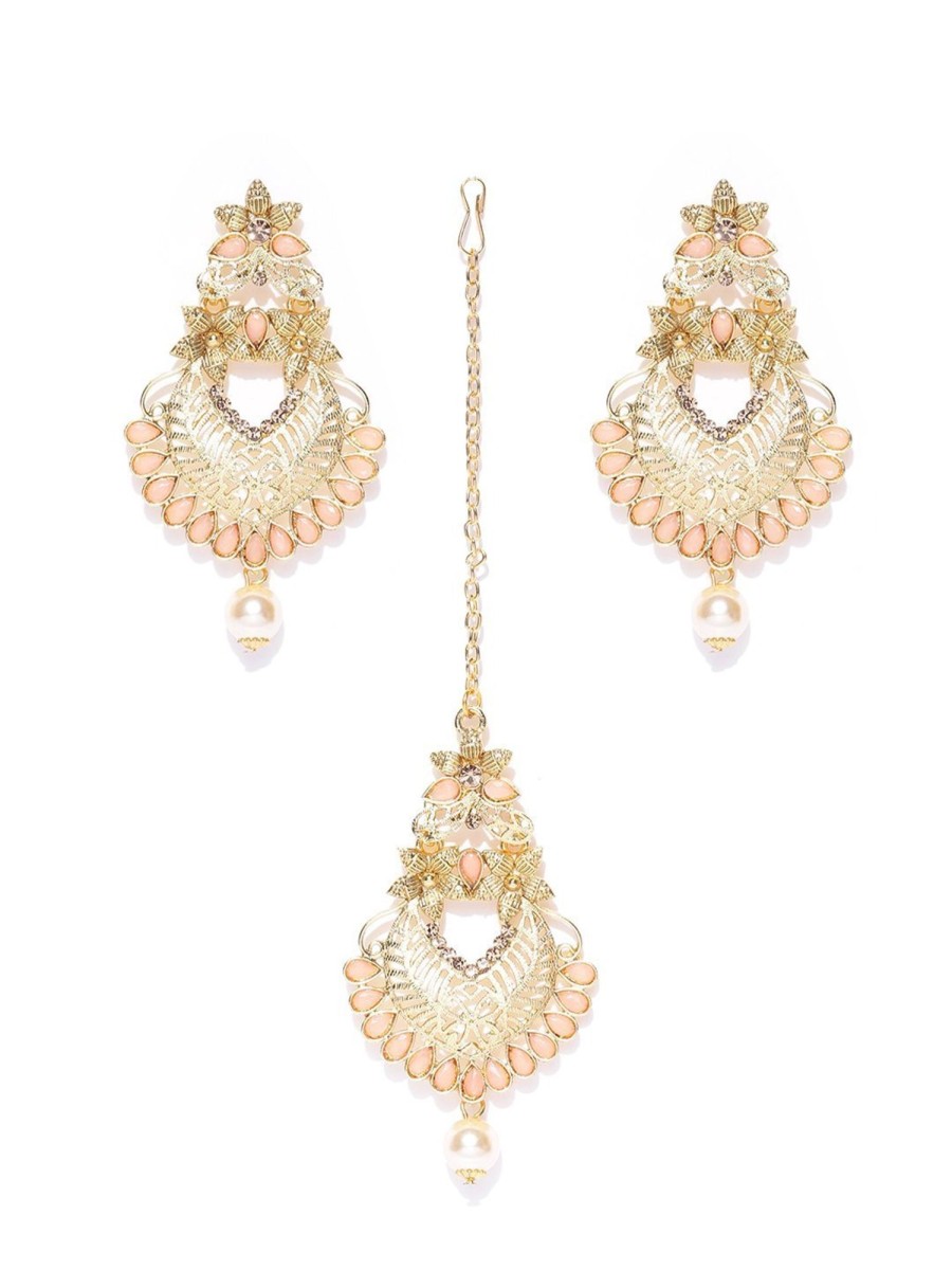 Jewellery Priyaasi | Women'S Gold-Plated Peach Color Stone Studded Floral Maang Tikka With Drop Earrings Set - Priyaasi