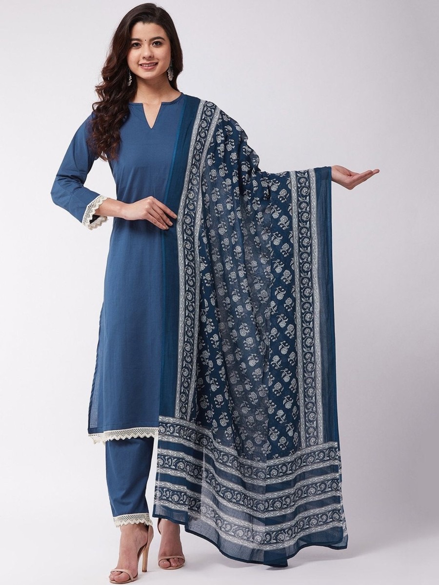 Women InWeave | Women'S Blue Floral Cotton Dupattas - Inweave