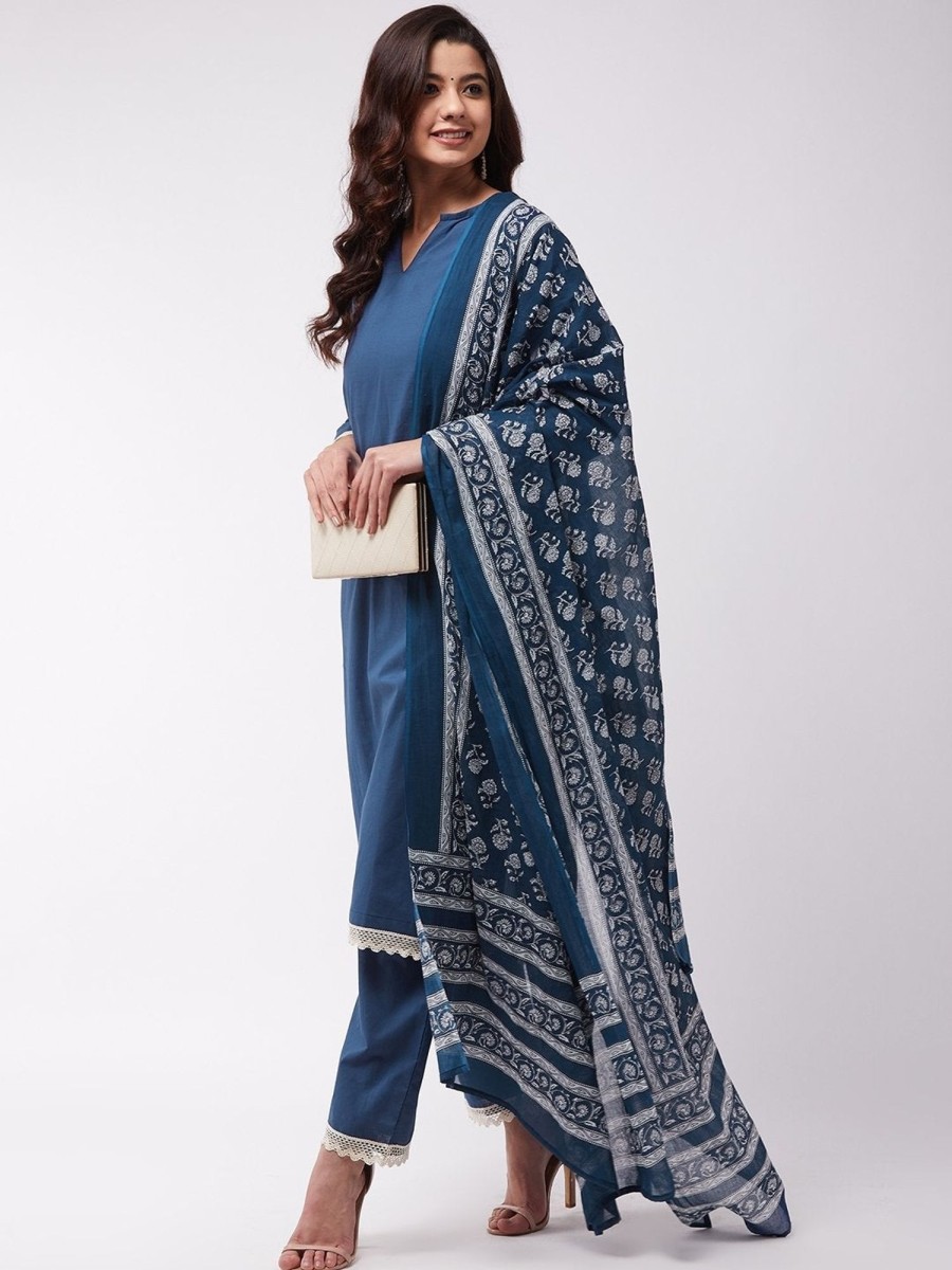 Women InWeave | Women'S Blue Floral Cotton Dupattas - Inweave