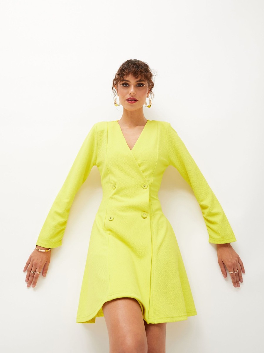 Women Lyush | Women'S Neon Yellow Knitted Wrap Dress - Lyush