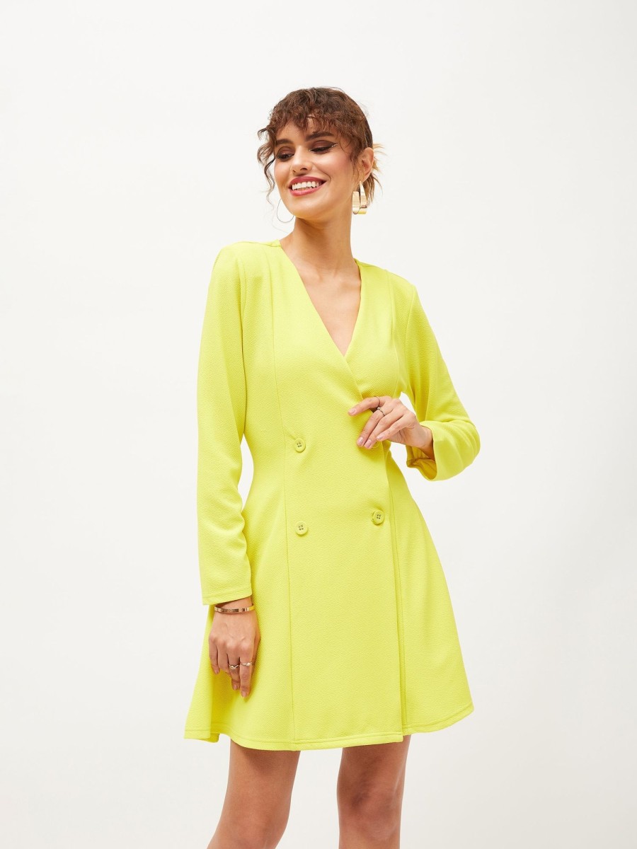 Women Lyush | Women'S Neon Yellow Knitted Wrap Dress - Lyush