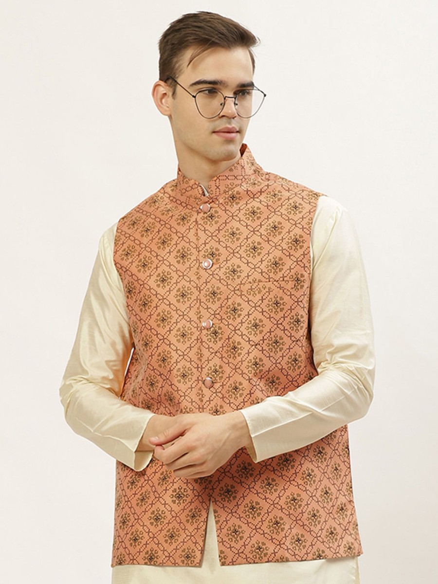 Men Virat Fashions | Men'S Orange Printed Nehru Jacket ( Jowc 4031Orange ) - Virat Fashions