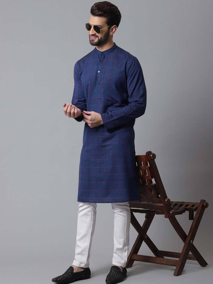 Men Even Apparels | Men'S Long Kurta With Band Collar - Even Apparels Blue