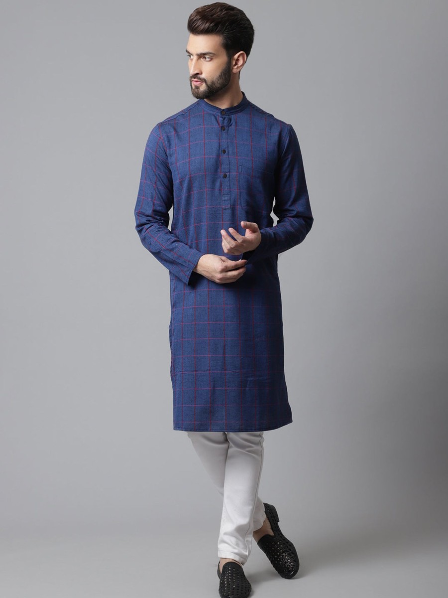 Men Even Apparels | Men'S Long Kurta With Band Collar - Even Apparels Blue