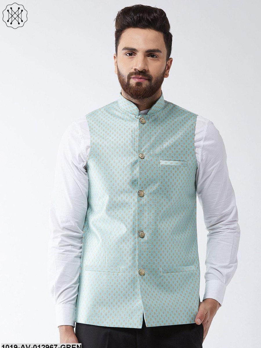 Men Sojanya | Men'S Silk Blend Sea Green U0026 Gold Self Design Nehru Jacket - Sojanya