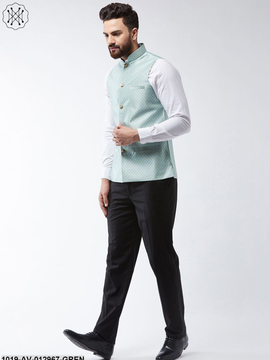 Men Sojanya | Men'S Silk Blend Sea Green U0026 Gold Self Design Nehru Jacket - Sojanya