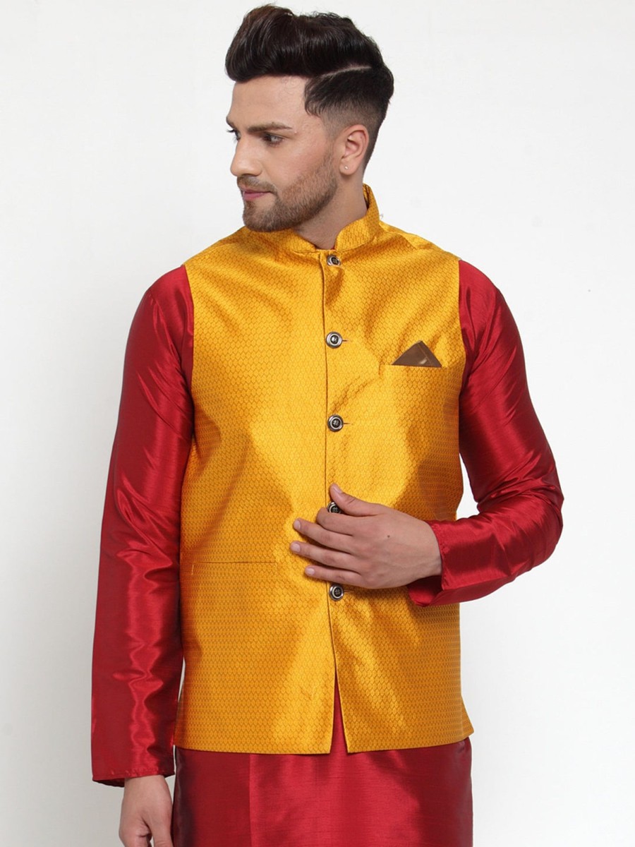 Men Virat Fashions | Men'S Yellow Woven Jacquard Nehru Jacket ( Jowc 4017Yellow ) - Virat Fashions