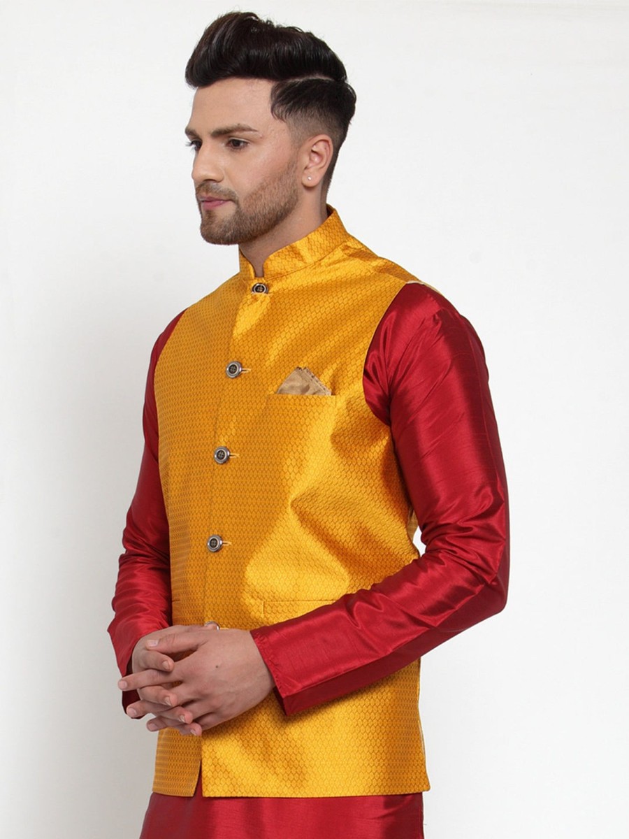 Men Virat Fashions | Men'S Yellow Woven Jacquard Nehru Jacket ( Jowc 4017Yellow ) - Virat Fashions