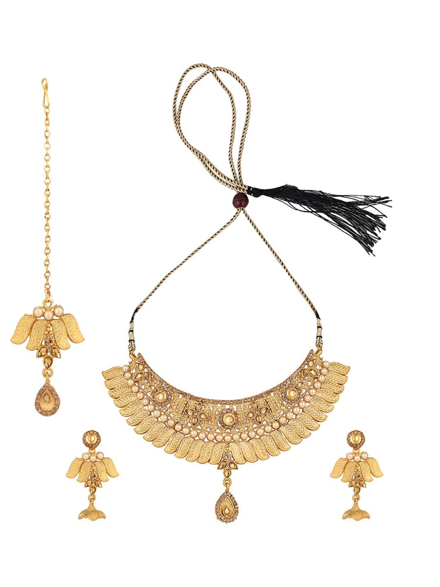 Jewellery Anikas Creation | Designer Gold Plated Traditional Matte Finish Necklace With Earring Maangtika - Anikas Creation Multicolor