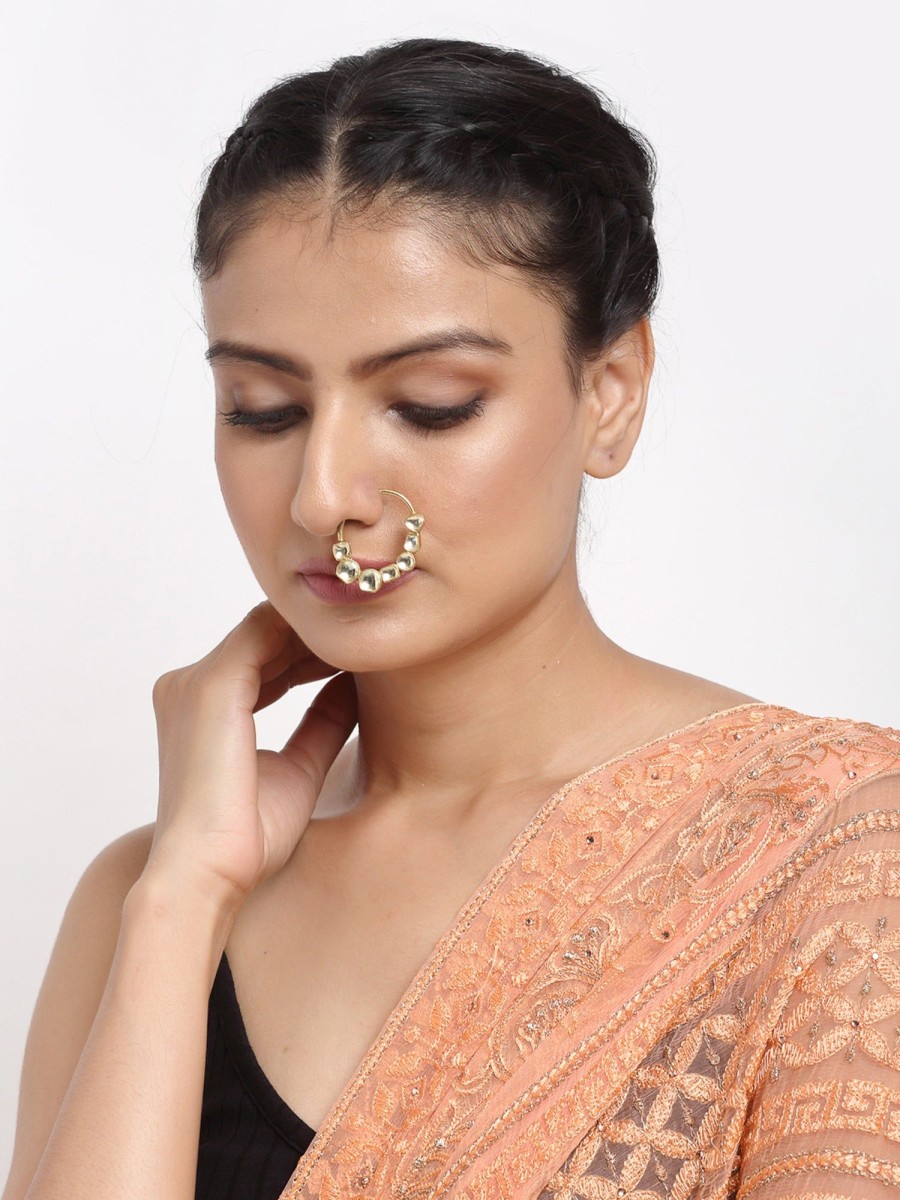 Jewellery Ruby Raang | Golden Kundan Nose Ring Without Piercing By Ruby Raang