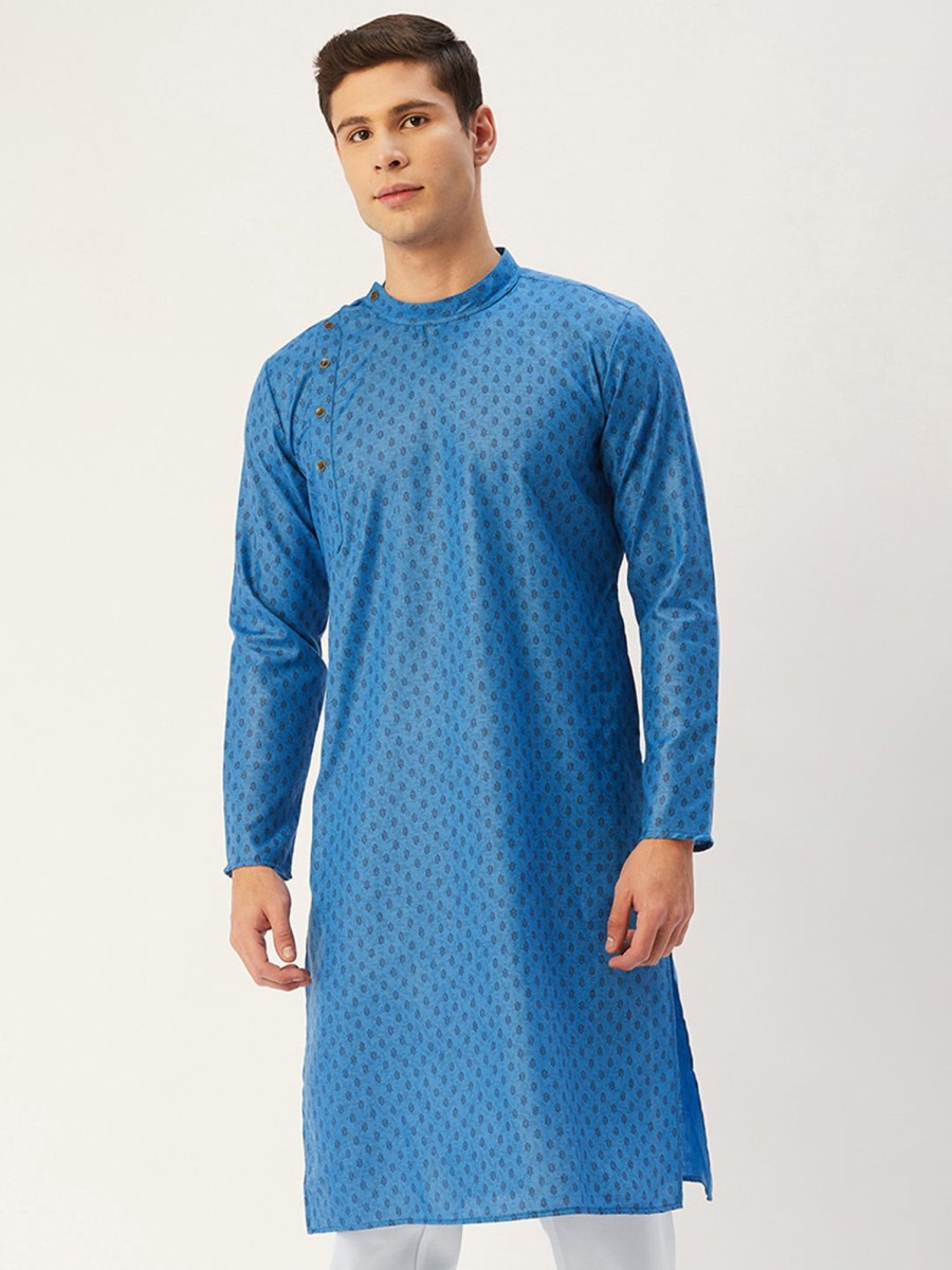 Men Virat Fashions | Men'S Blue Cotton Printed Kurta Only( Ko 652 Blue ) - Virat Fashions