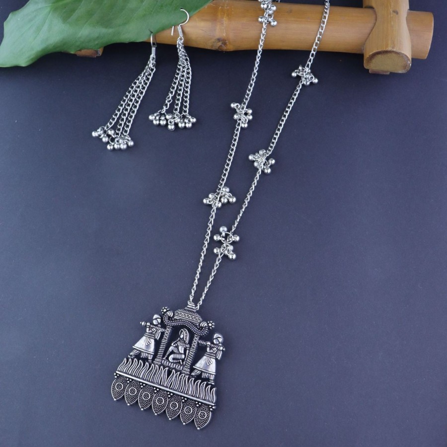 Jewellery I Jewels | Women'S Navratri Ethnic Stylish Boho Silver Chain Pendant Long Necklace Jewellery Set - I Jewels Oxidised