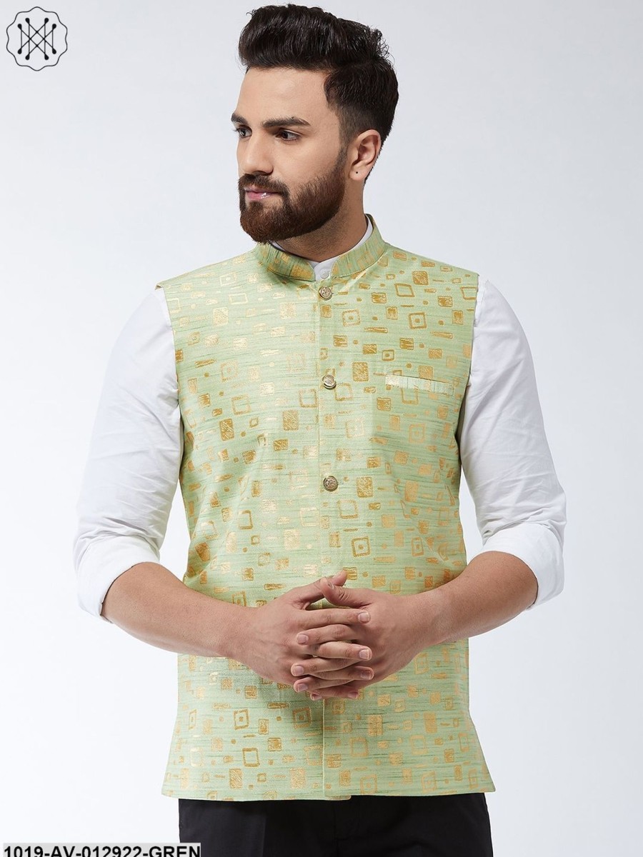 Men Sojanya | Men'S Jacquard Silk Green Designer Nehru Jacket - Sojanya