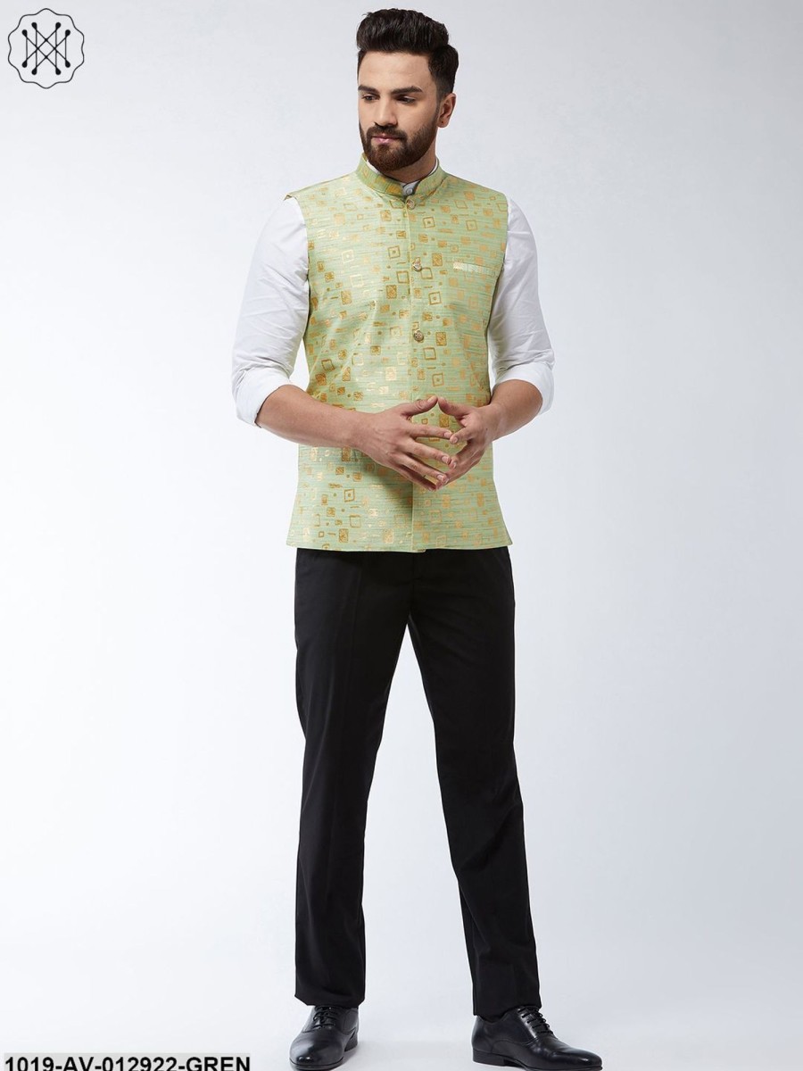 Men Sojanya | Men'S Jacquard Silk Green Designer Nehru Jacket - Sojanya