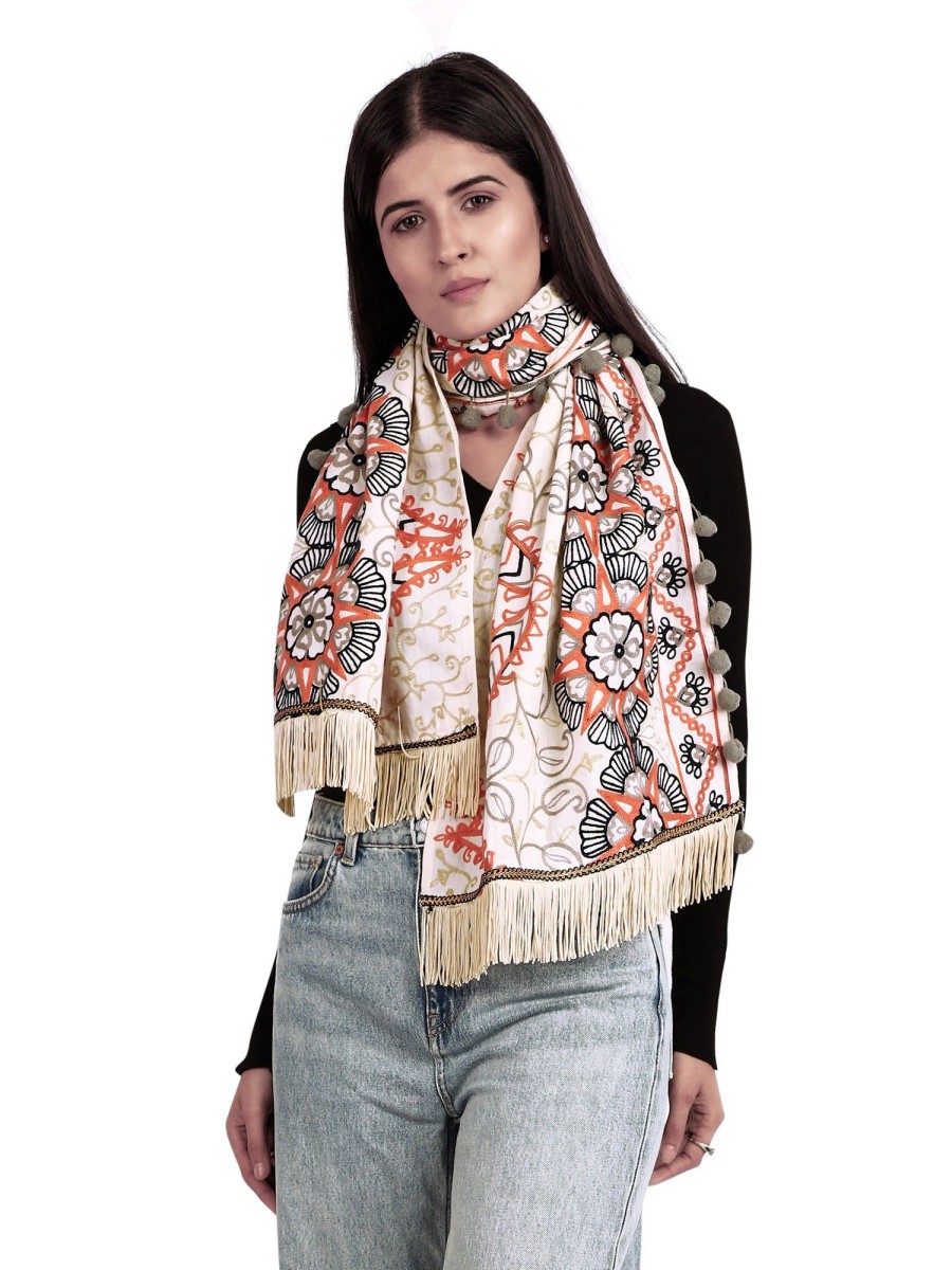 Women MESMORA FASHION | Women'S Cream African Motif Woollen Embroidered Muffler - Mesmora Fashion