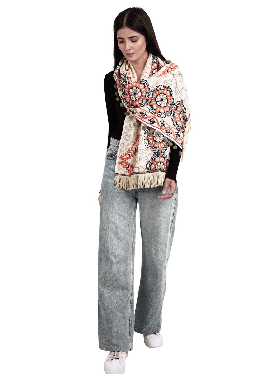 Women MESMORA FASHION | Women'S Cream African Motif Woollen Embroidered Muffler - Mesmora Fashion