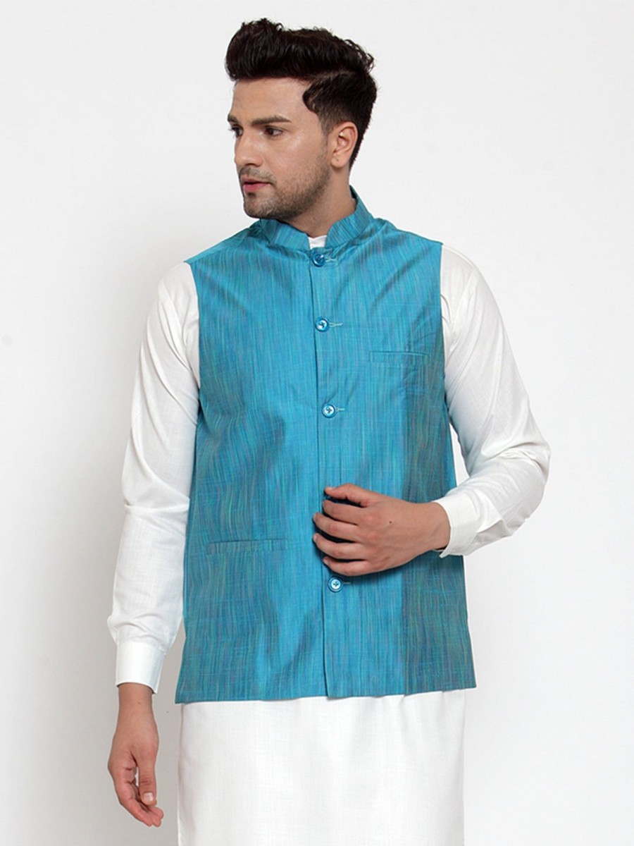 Men Virat Fashions | Men'S Blue Woven Design Nehru Jacket ( Jowc 4010 Blue ) - Virat Fashions