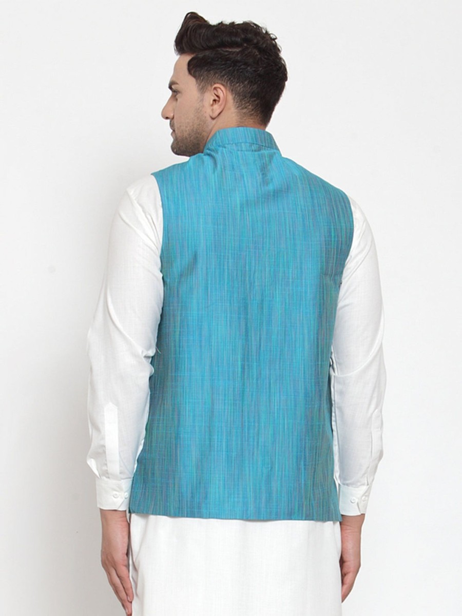 Men Virat Fashions | Men'S Blue Woven Design Nehru Jacket ( Jowc 4010 Blue ) - Virat Fashions