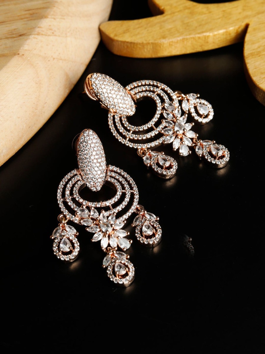 Jewellery Priyaasi | Women'S Elegant American Diamond Rose Gold Floral Drop Earring- Priyaasi