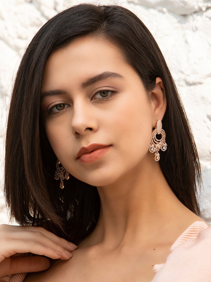 Jewellery Priyaasi | Women'S Elegant American Diamond Rose Gold Floral Drop Earring- Priyaasi