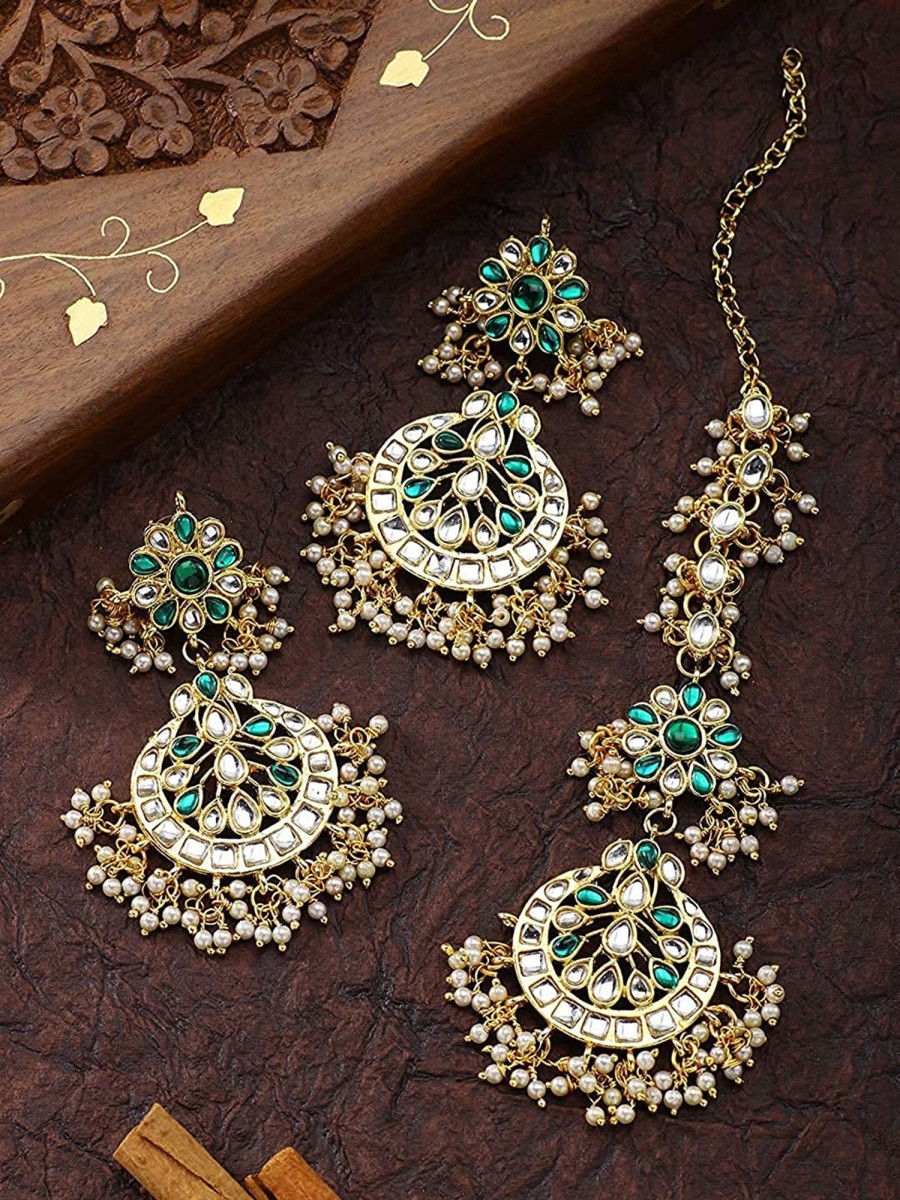 Jewellery I Jewels | Women'S Traditional Gold Plated Chandbali Kundan U0026 Pearl Earring Set With Maang Tikka - I Jewels