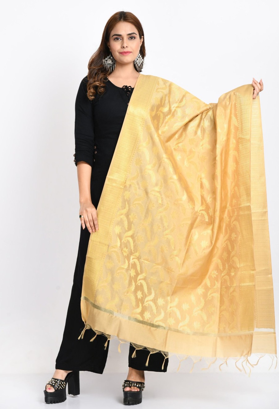 Women Moeza | Women'S Banarsi Silk Floral Woven Design En Dupatta - Moeza Gold