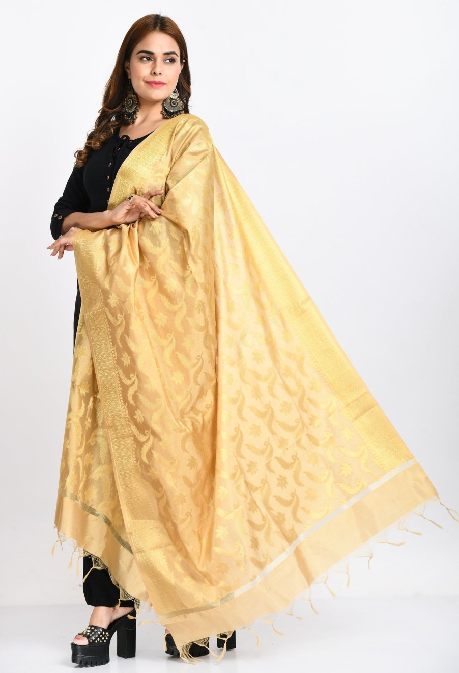 Women Moeza | Women'S Banarsi Silk Floral Woven Design En Dupatta - Moeza Gold