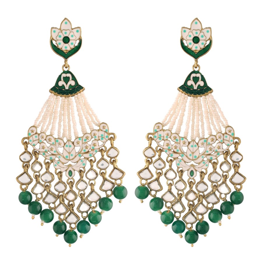 Jewellery I Jewels | Women'S Gold Plated Traditional Handcrafted Meena Work Earring Glided With Kundan U0026 Pearls - I Jewels Green