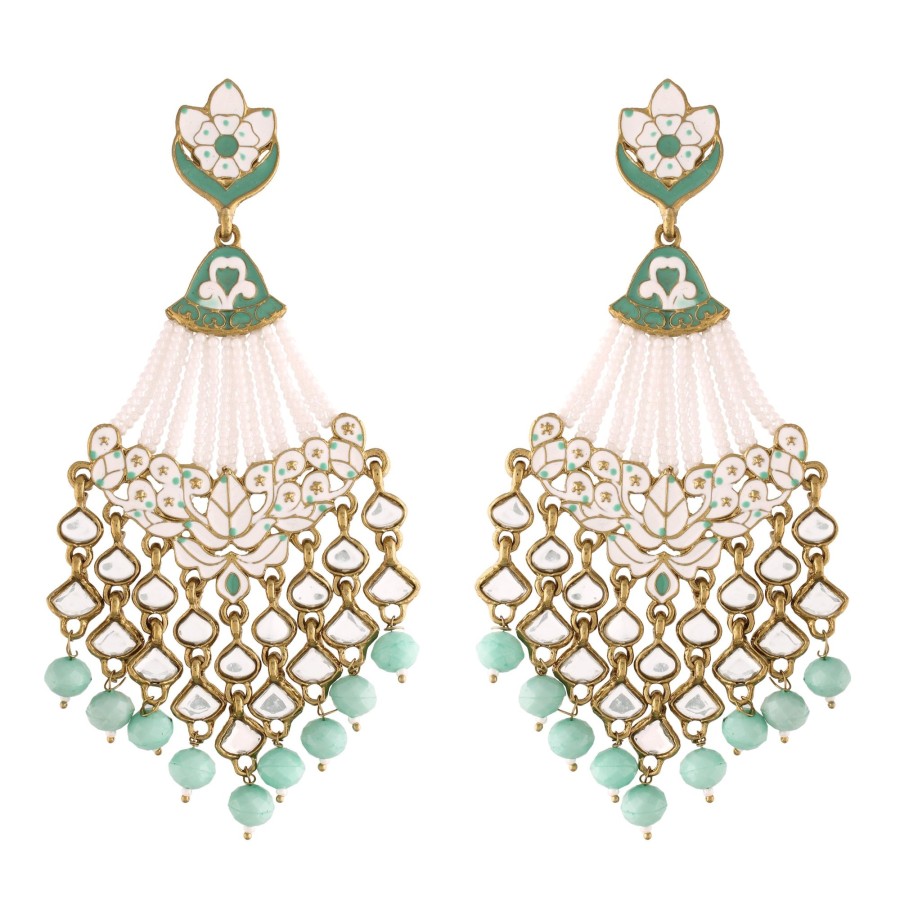 Jewellery I Jewels | Women'S Gold Plated Handcrafted Meena Work Earring Glided With Kundan U0026 Pearls - I Jewels Turquoise