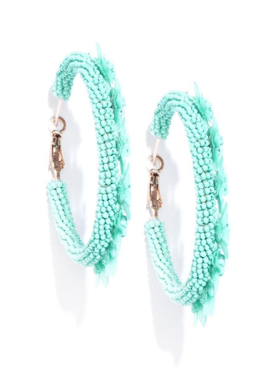 Jewellery Priyaasi | Women'S Designer Floral Pattern Beaded Mint Green Hoop Earrings - Priyaasi